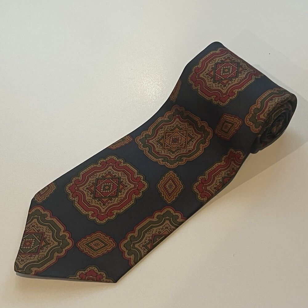 Vtg Polo Ralph Lauren Hand Made Silk Tie Navy Burgundy Gold Medallion USA